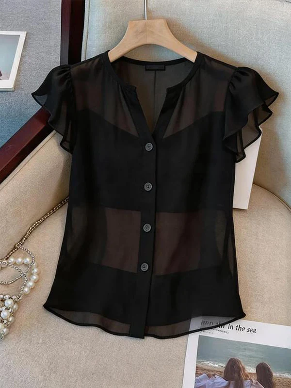 

Black Short Sleeve Shirt Women's Summer New Style Floral Youthful Single Button Loose Fit Korean Version Breathable Skin...