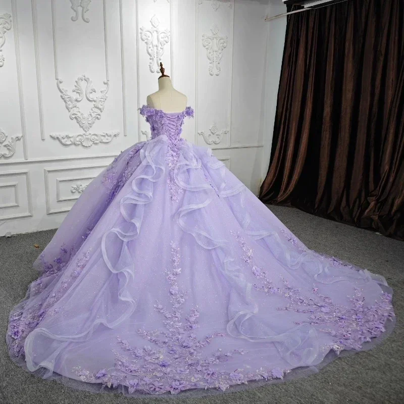 ANGELSBRIDEP Lilac Lavender Ball Gown Quinceanera Dresses 3D Flowers Applique Lace Sweet 16 15 Birthday Dress Vestido De 15 Anos