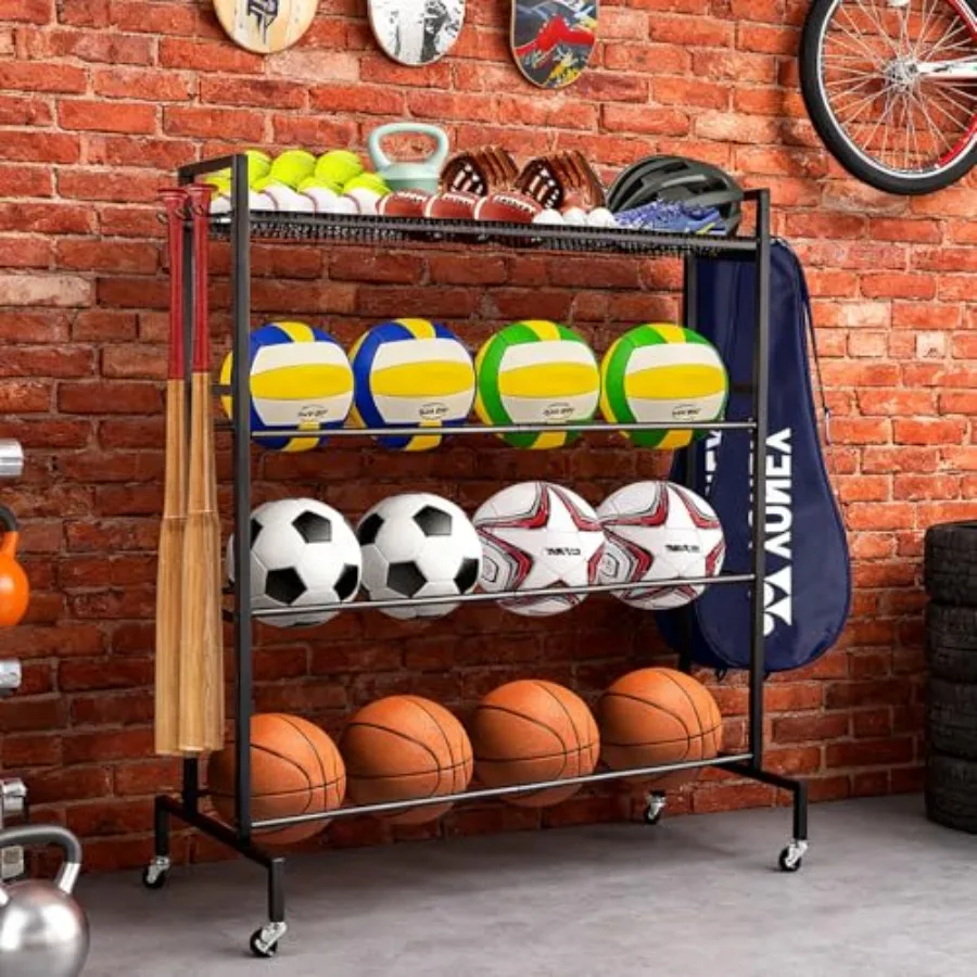 

Garage Sports Equipment Organizer for Basketball and Baseball Storage: Rolling Ball Cart with Wheels Includes Bat Hooks and Bas
