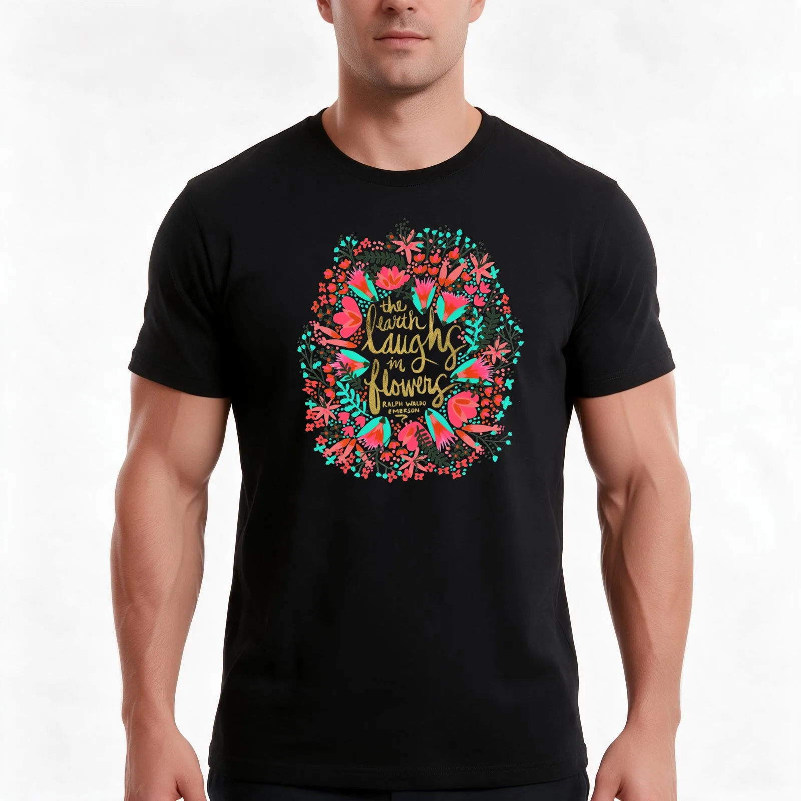 The Earth Laughs in Flowers – Pink & Gold T-Shirt, Summer Casual Cotton Tee, Oversized Streetwear Tops, Vintage Graphic Print