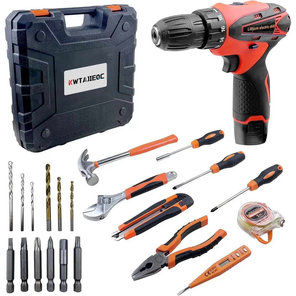 

33 Piece Orange Tool Kit with 12V Cordless Drill, Tool Box, Hand Drill Set for Men and Women, Home Tool Kits for House Repair, H