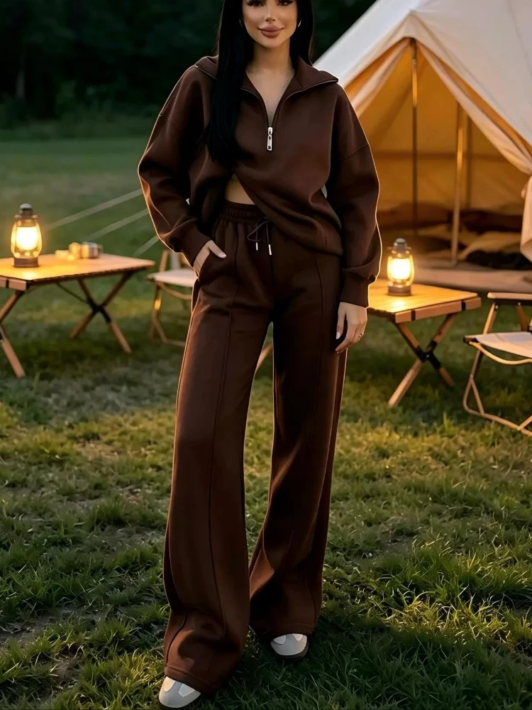New casual and sporty two-piece set, stand-up collar pullover long-sleeved sweatshirt, wide-leg long pants for women's clothing