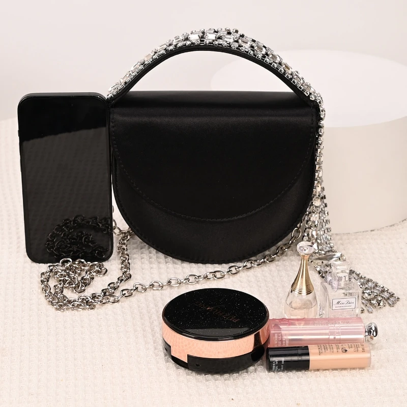 Luxurious Design Party Wedding Evening Bag Black Silk French Fairy Style Sparkly Rhinestone Tassel Handle Saddle Bag for Women