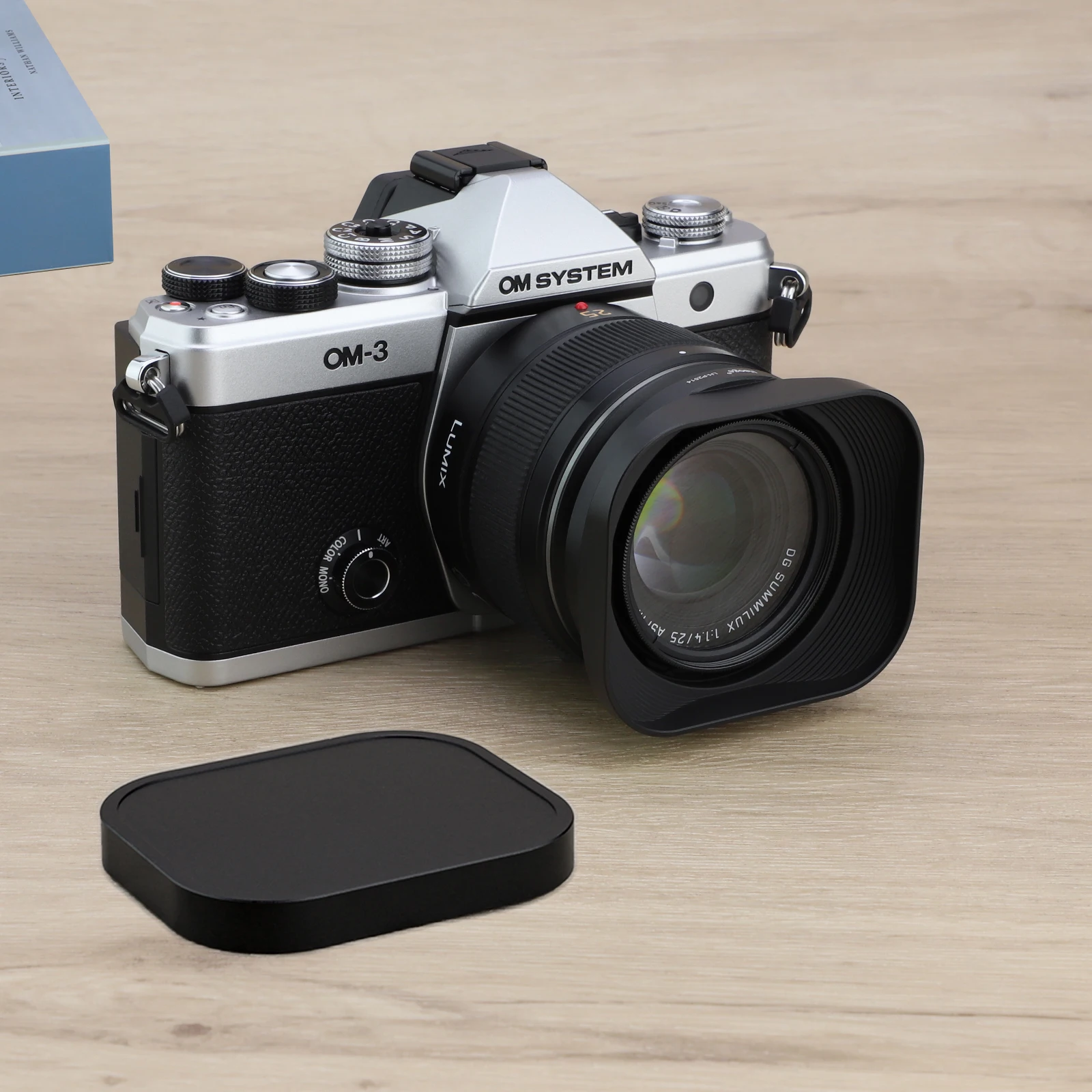 Haoge quadratische Gegenlichtblende aus Metall mit Metall-Objektivdeckel für Panasonic LEICA DG SUMMILUX 25 mm f/1,4 ASPH-Objektiv dg25 25 mm F1,4 H-X025