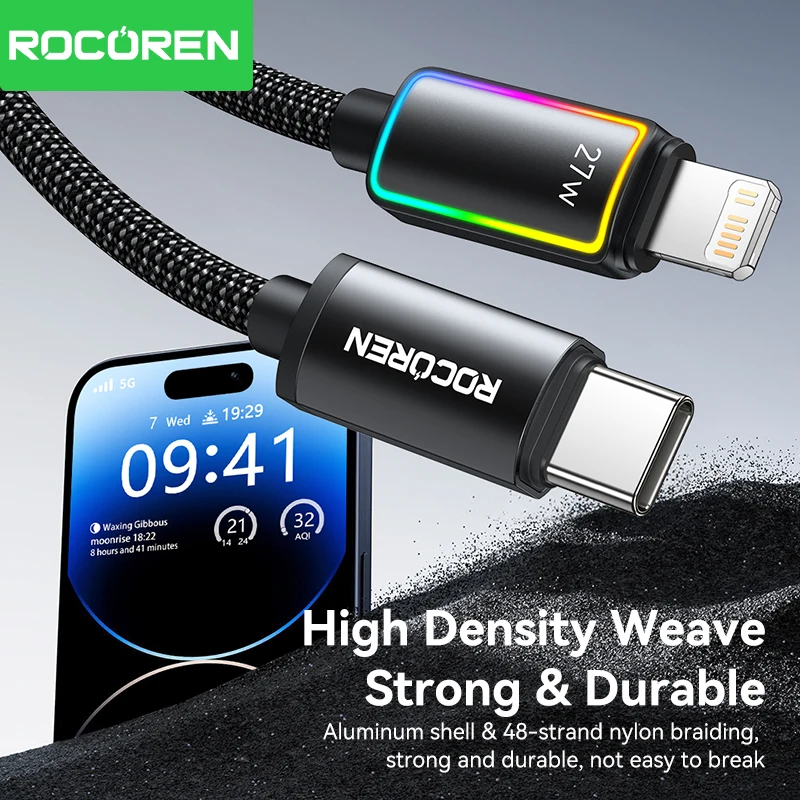 Rocoren PD 27W USB C Lighting Data Cable for iPhone 14 13 12 11 Pro Max Fast Charging 2.4A USB2.0 Data Cord for iPad Pro Wire