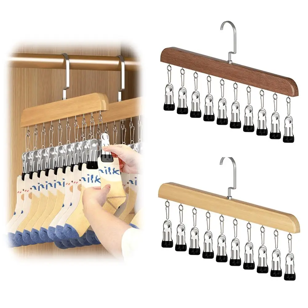 Holz-Kleiderbügel mit 10 Clips, Multifunktionaler Platzsparender Schrank-Organizer für Jeans, Röcke, Socken, Hosenbügel mit Clips