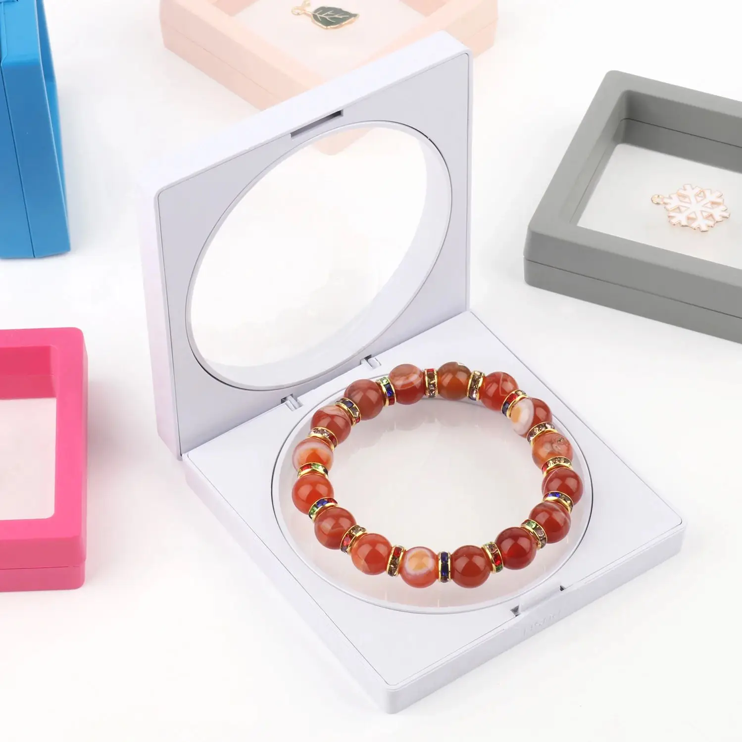 PE Film Colorful Jewelry Storage Box 3D Packaging Case Gemstone Free Stand Floating Frame Membrane Ring Earring Necklace Display