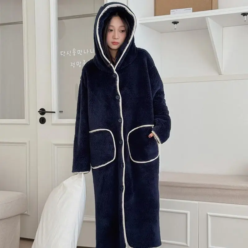 

Hooded Pajama Winter Fleece-Lined Thicken Homewear Minimalist Keep Warm Nightwear Solid Color Sleepwear Coral Fleece Robe