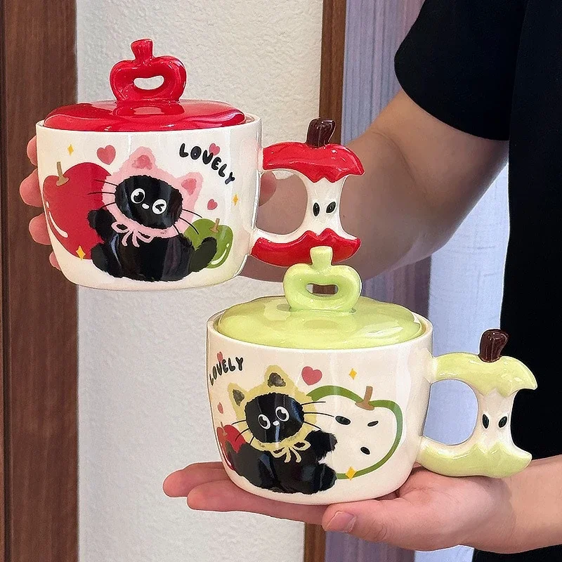 Cat Apple Ceramic Cup Fashion Creative Makeup Cup Lid Handheld Gift Water Cup Christmas Coffee Cup Breakfast Milk Cup Water Cup