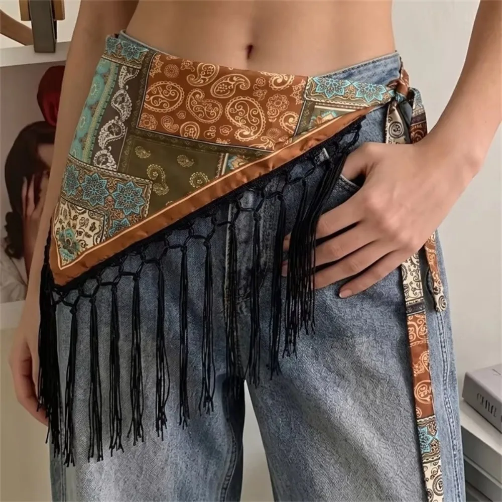Bohemian Tassel Triangle Waist Band Paisley Printed Lightweight Layered Wrap Overlay Skirt Adjustable Wrap Waist Accessory