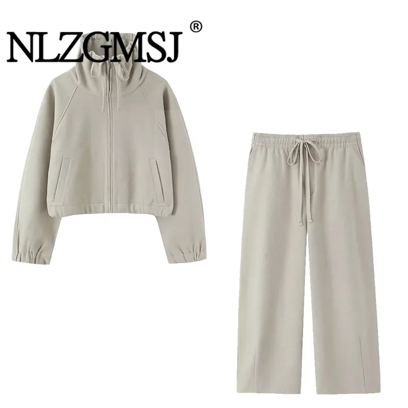 

NLZGMSJ Casual Chic Solid Women Sports Zipper Long Sleeve Tops Zipper Loose Pants Fashion 2026 Spring Female Sets