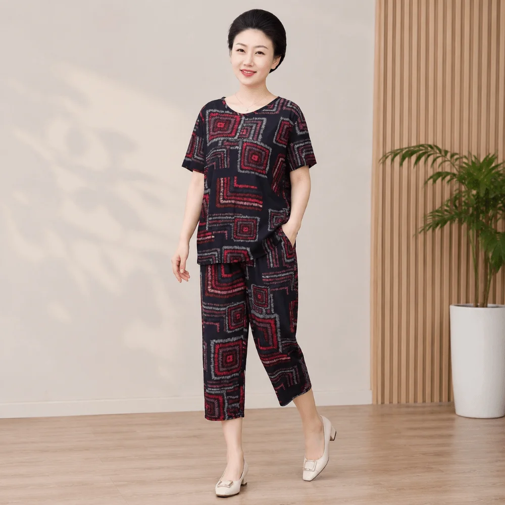 

Breathable Plus Size Elderly T-shirt Sets Loose Stripe Casual Loungewear Set Short-sleeved Summer Mother's Pajamas Old People