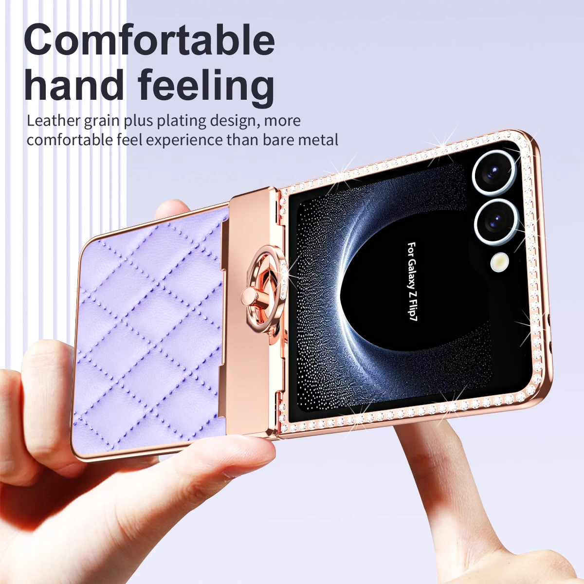 Luxury Flash Diamond Plain Leather For Samsung Galaxy Z Flip 7 Case Fold Hinge Rotating Ring Bracket Cover Optional Mirror Film
