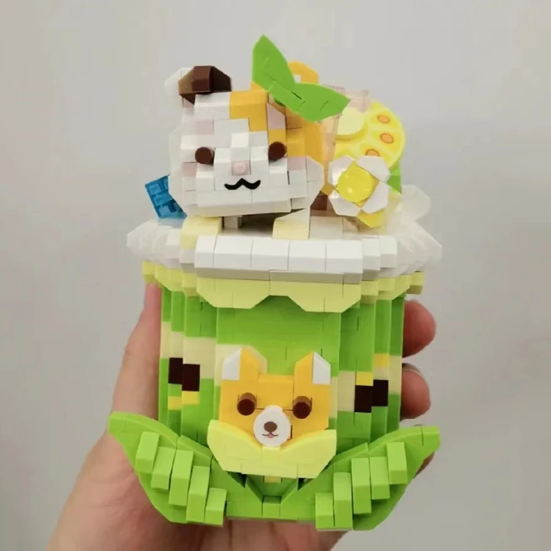 Cute Kitten Model Building Block Ornaments Cartoon Animal Potted Milk Tea Cup Assembled Brick Toys Children and Adults Gifts