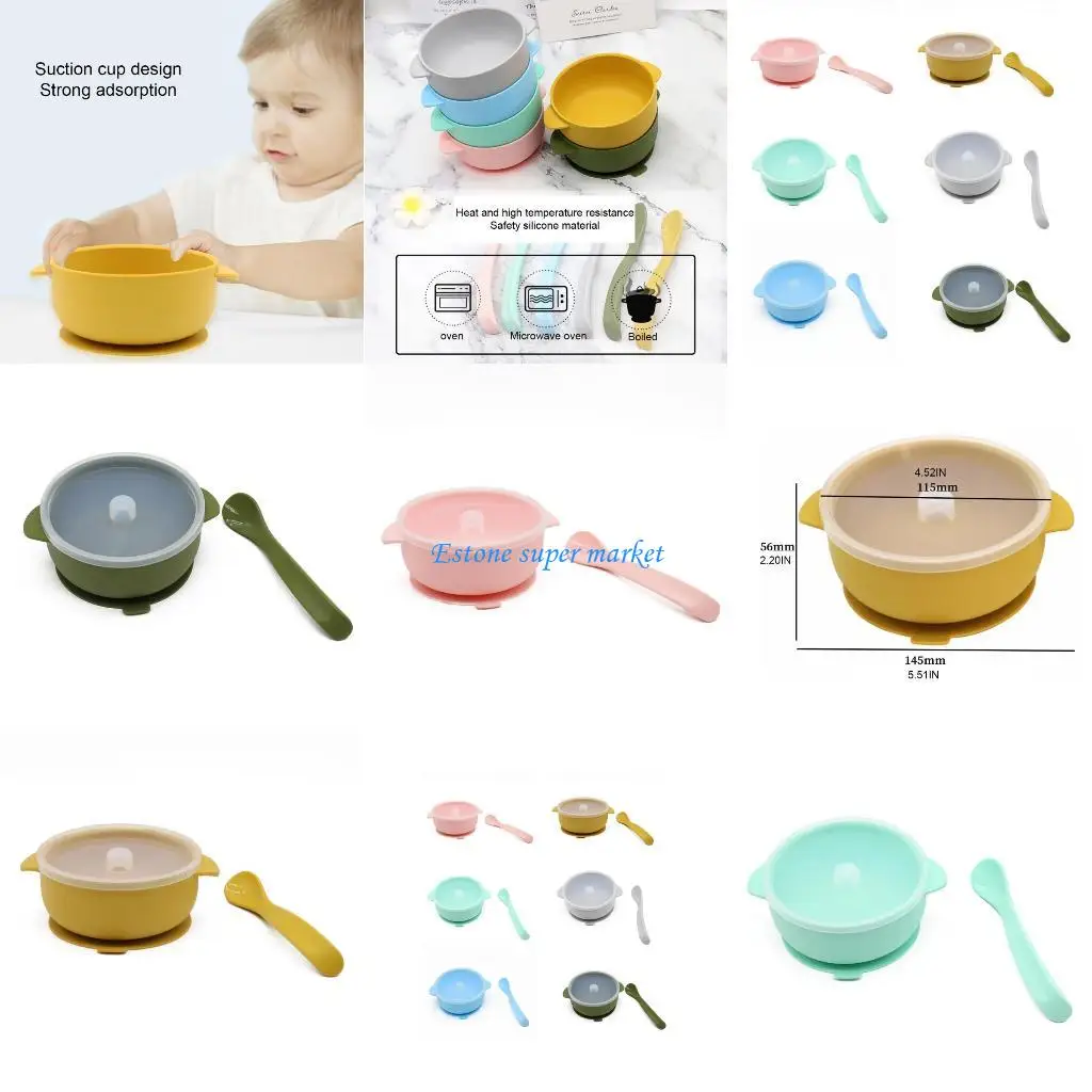 

090B 2 Pcs BPA Silicone Waterproof Baby Suction Bowl with Lid Training Spoon Set Non-Slip Learning Feeding Dish Plate