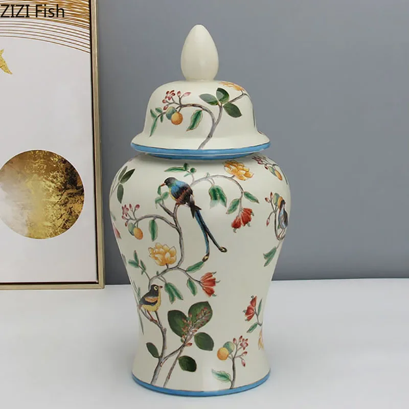 

Flower and Bird Pattern Porcelain General Jar with Lids Ceramic Flower Vases Desk Decoration Jewelry Jars Cosmetic Containers