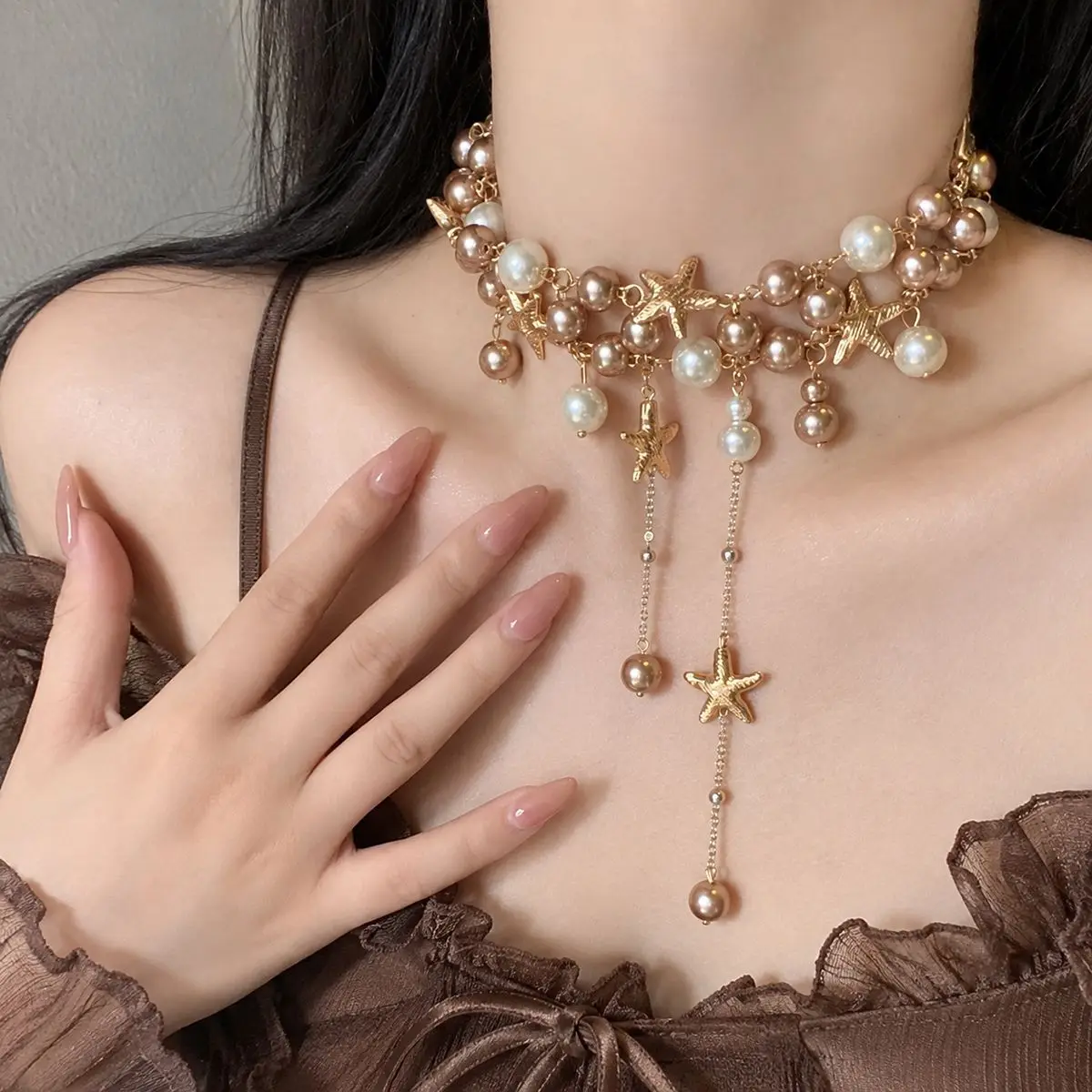 Vintage Starfish Pearl Necklace: Multi-Layered, Color-Blocked Fringe Necklace—An Accessory with a Festive Vibe for Galas