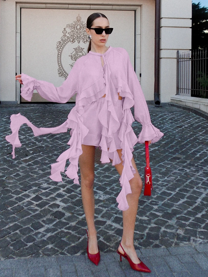 

Marthaqiqi Pink Women'S Pajama 2 Piece Suit O-Neck Sleepwear Long Sleeve Nightgowns Lace Up Nightie Shorts Fashion Nightwear Set