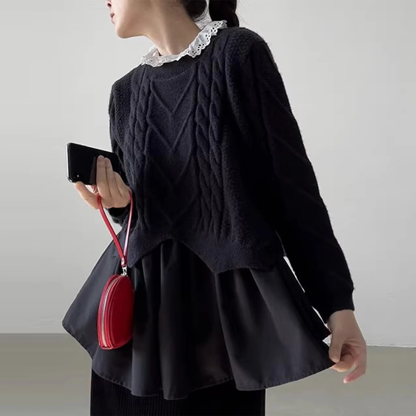 디자인 센스 스플라이스 롱 니트웨어 여성용 신상 가을 슬림핏 라운드 넥 레귤러 얇은 무브랜드 출퇴근용