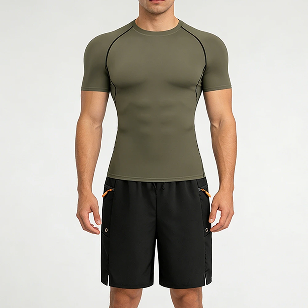 

Men's Summer Outdoor Gym Running Suit Short Compression T-shirt and Zipper Pockets Shorts Quick Dry Running Tracksuit Training