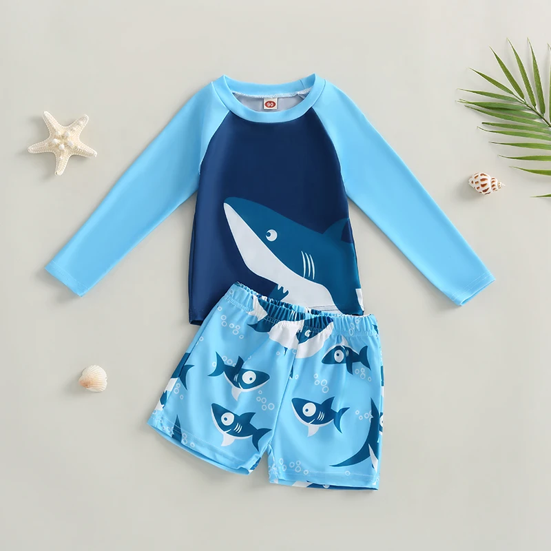 

Kids Boys Swimwear 2 Pieces Bikini Set Shark Print Crew Neck Long Sleeve Tops and Swim Trunks Swimsuit Bathing Suit