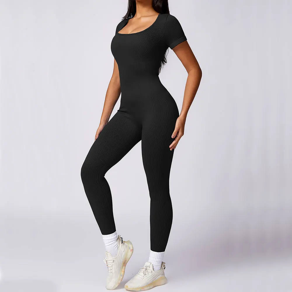 Yoga Set Women\'s Ribbed Jumpsuits One-Piece Suit Short Sleeve Gym Clothes Push Up Workout Tracksuit Fitness Bodysuit Sportswear