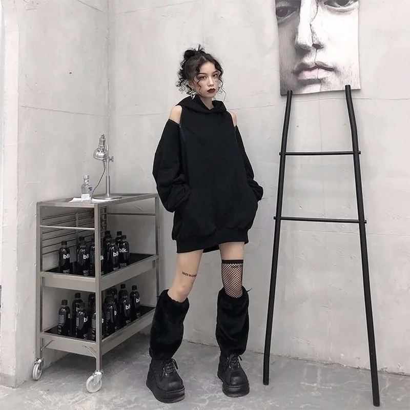 2022 Fahsion Black Off-shoulder Grunge Y2K Emo Hoodies Women Korean Style Streetwear Hooded Sweatshirt Gothic Mall Goth Tops 90s