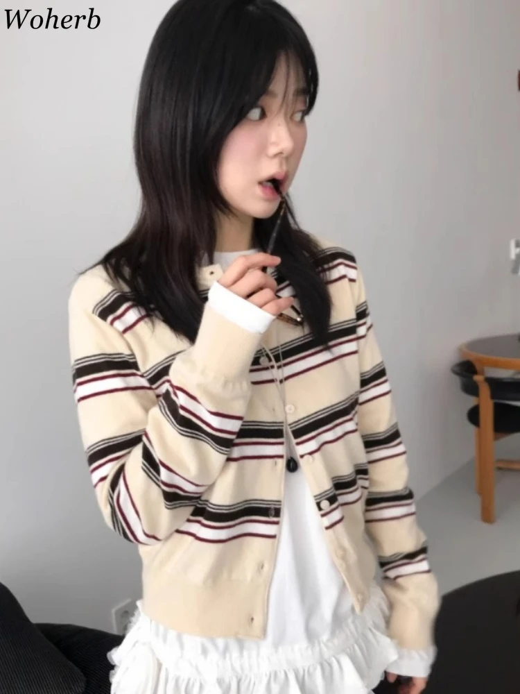 

Contrast Color Stripe Knitted Cardigan for Women Korean New All Match Sweater 2025 Autumn Fashion Single Breasted Slim Fit Tops