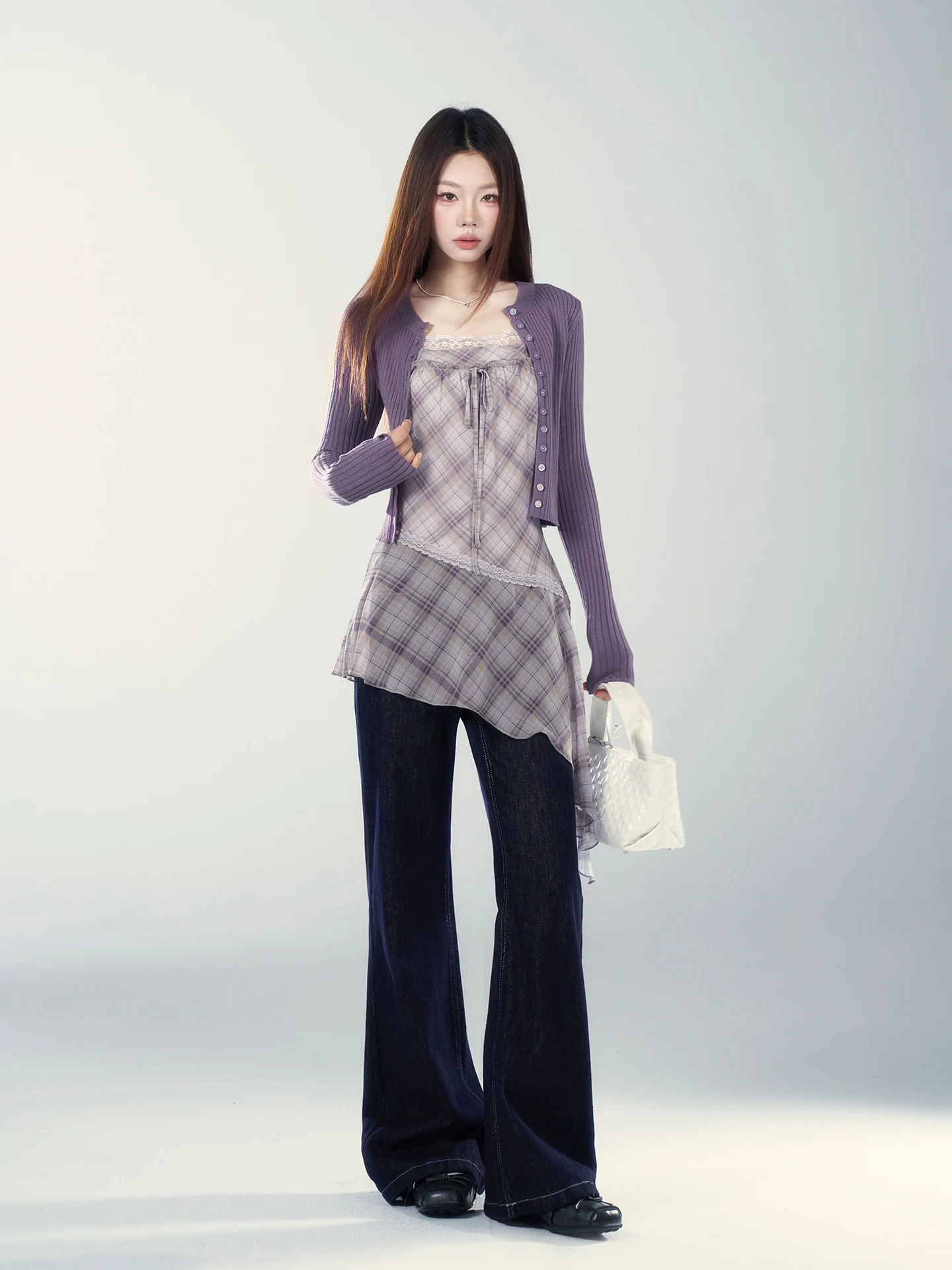 

Женский фиолетовый кардиган-свитер свободного кроя, весна 2026, новая корейская модель, приталенный топ, удобный для повседневной носки, из чистого эко-хлопка.