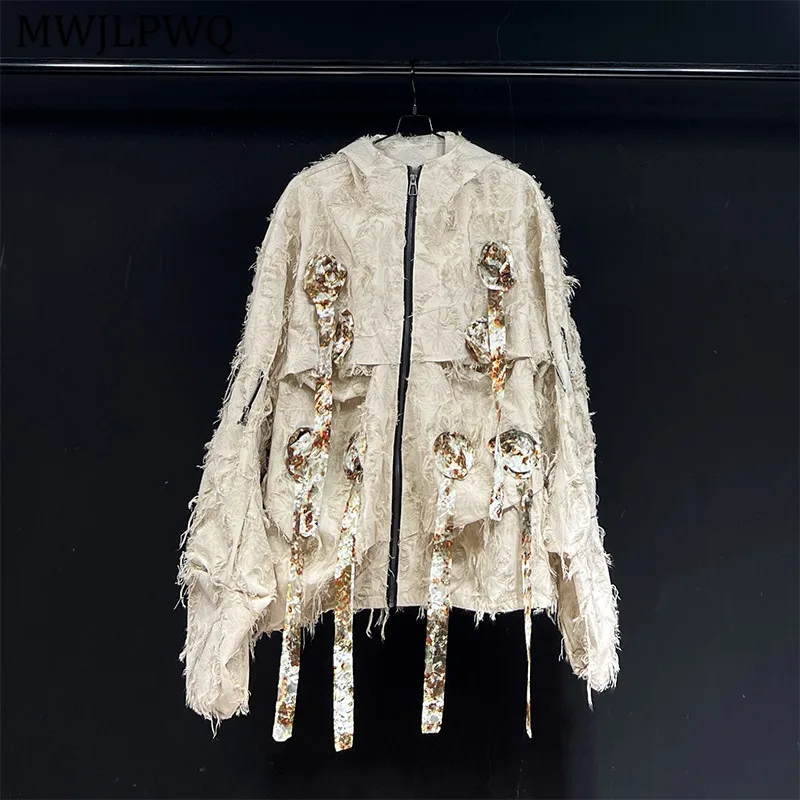 

MWJLPWQ Lace Patchwork Design Jacket Male High Street Rough Edge Zipper Niched 2025 New Autumn Hooded Men's Tops Trendy 11093