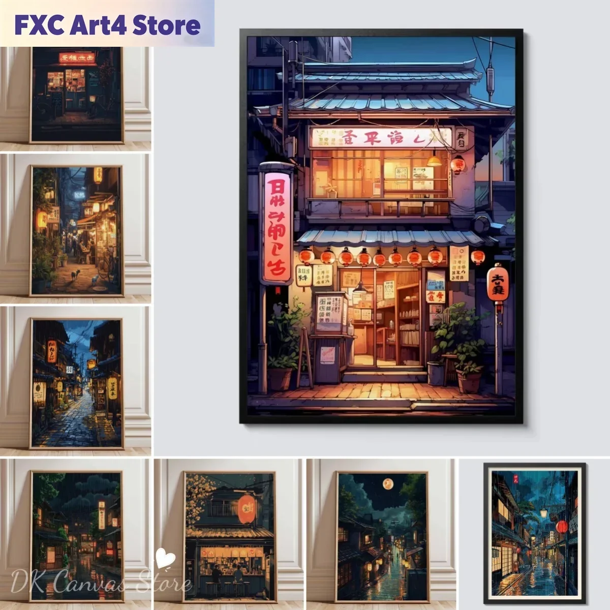 Frameless Japanese Anime Tokyo Teahouse Canvas Print Poster Japandi Alley Rainy Night Art Prints Living Room Bedroom Wall Art Ho