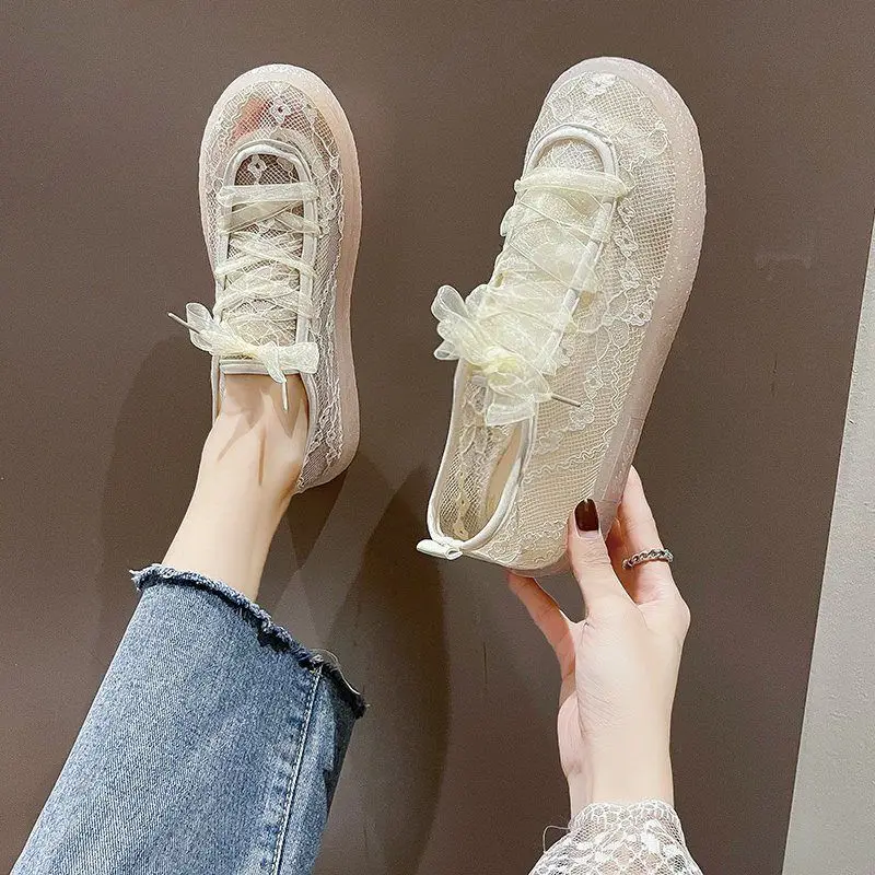 Off White Lace Up Woman Footwear Shoes For Women Black Mesh Breathable Flat Fashion 2024 Chic Elegant Promotion Sale Summer New