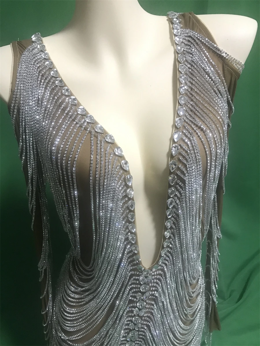 Sparkly strass profondo scollo a V donne compleanno manica lunga vestito Costume da ballo Nightclub Performance Wear san valentino Outfit