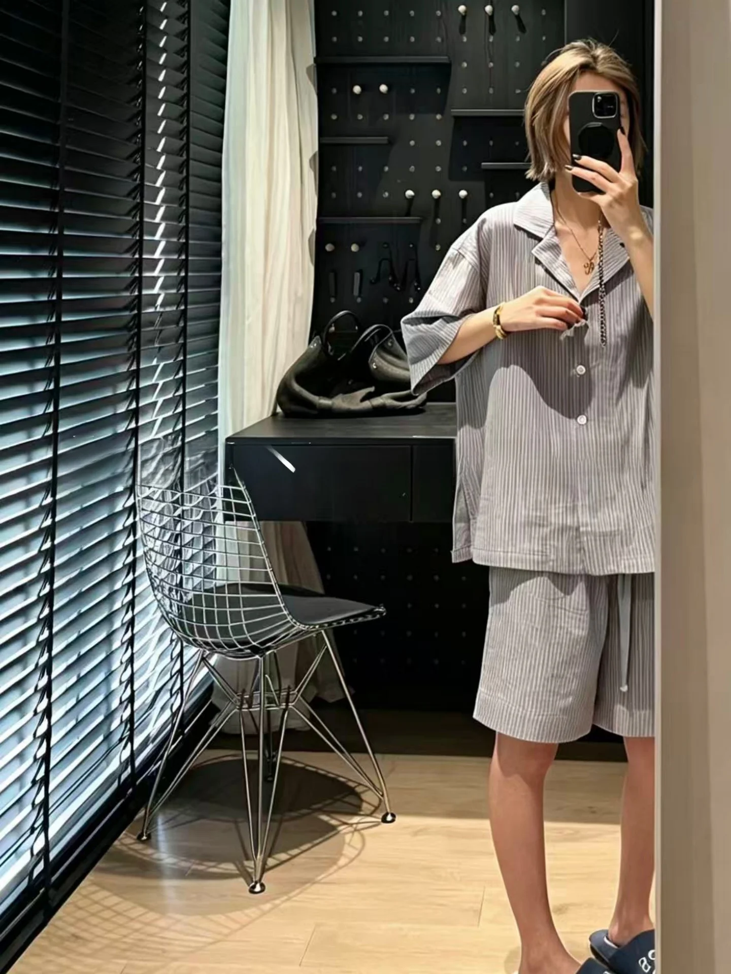 japanese-stripe-cotton-home-clothes-women-summer-double-layered-sleeveless-short-pants-simple-sleepwear-open-cardigan-collar