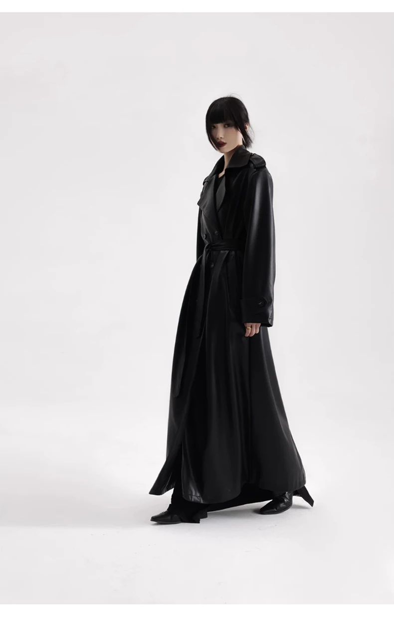 Lautaro Spring Autumn Extra Long Black Soft Pu Leather Trench Coat for Women Double Breasted Loose Casual Korean Fashion 2024