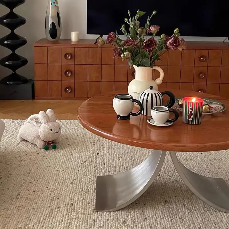 Medieval solid wood round coffee table living room exquisite small round coffee table simple modern light luxury coffee table