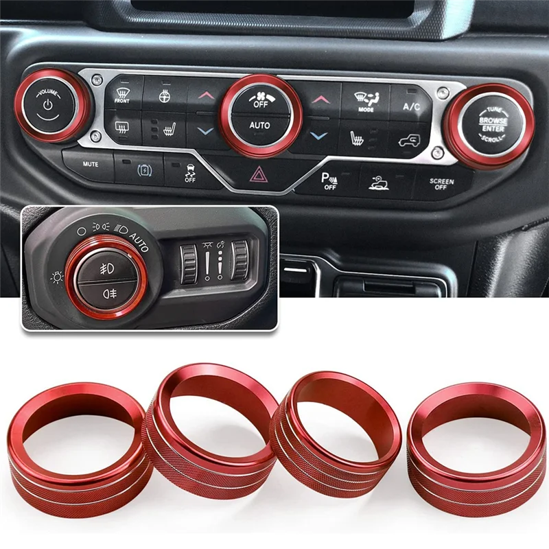 Climate Volume Knobs Ring Air Conditioner Headlight Switch Trim Cover for Jeep Wrangler JL Gladiator JT 2018-2021, Red