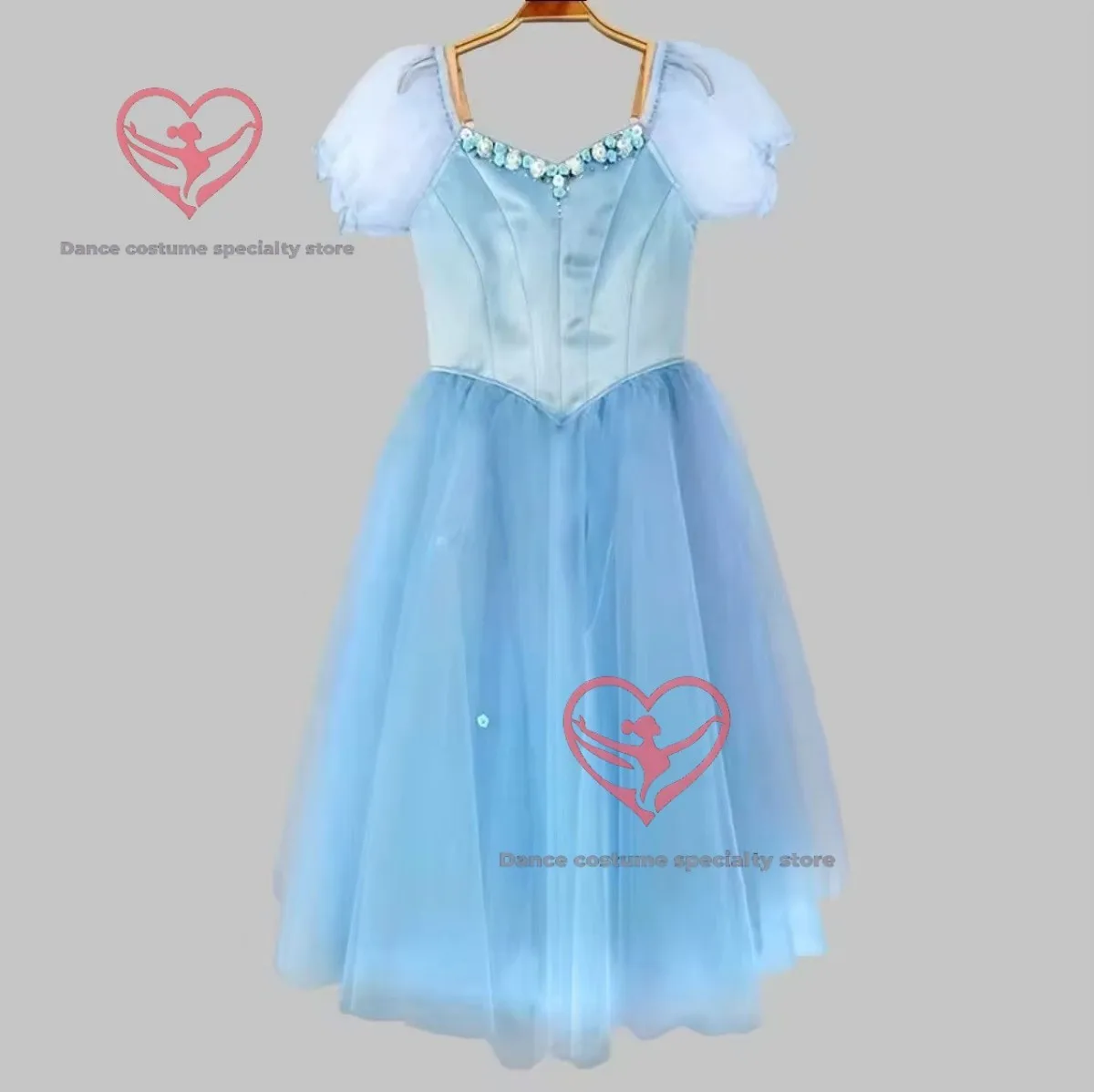 Fairy Tale Sky Blue Long Tulle Dance Gown – Beaded V-Neck Kids Princess Costume