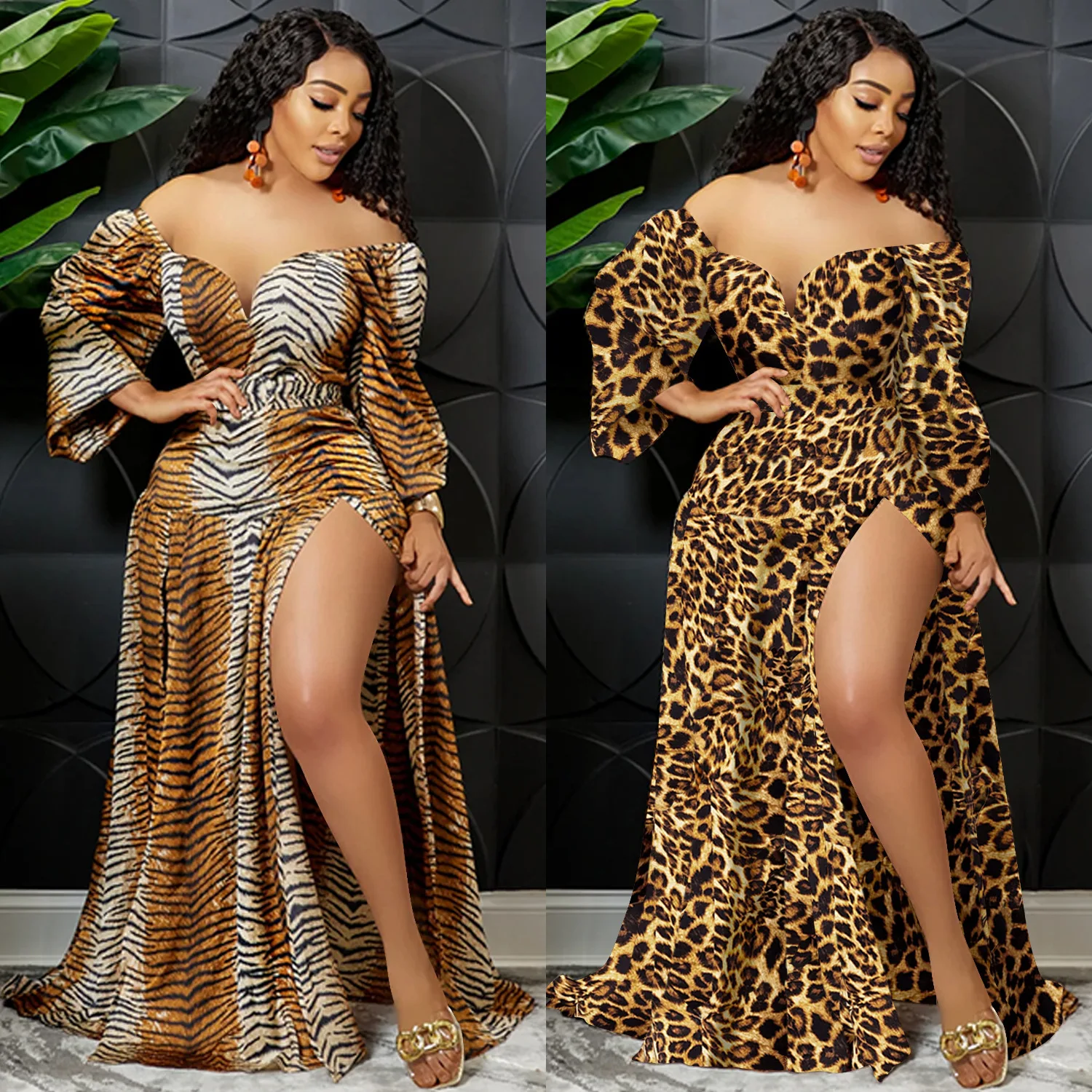 

Printed V-neck chest wrap, long wide sleeves, irregular split swing dress, sexy temperament, slim fit, simple and high-end cloth