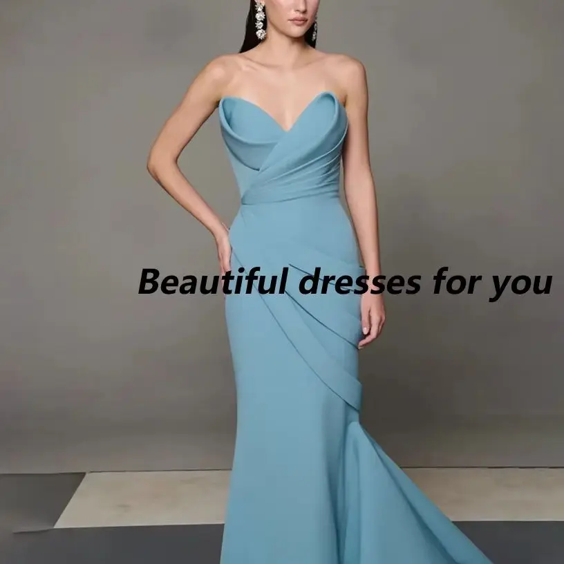

Sexy Long Prom Dress Sleeveless V-Neck Pleat Mermaid Floor Length Evening Gown Sexy Backless Sweep Train Party Dresses