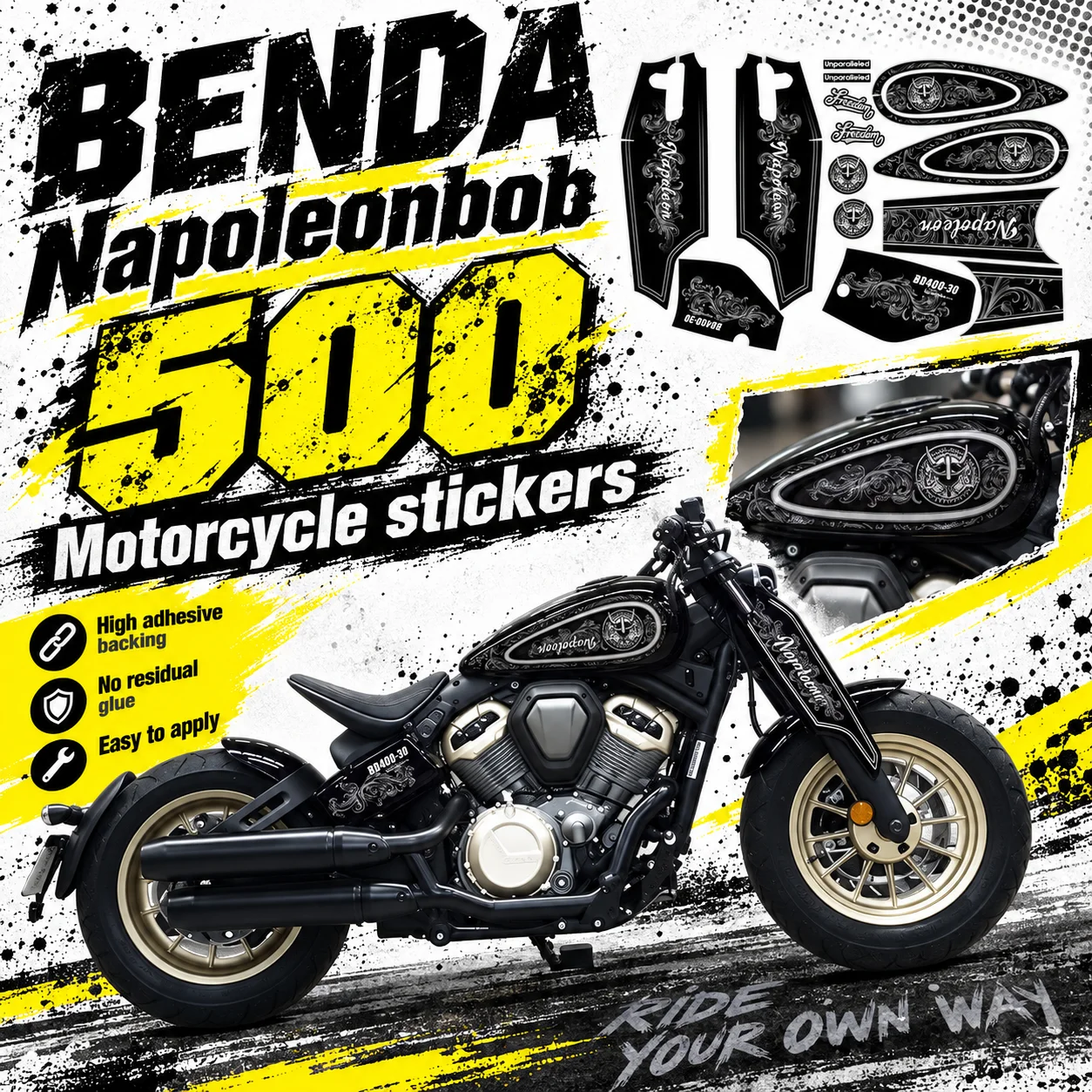 Motorbike Full Body Retro Pull Print Stickers Waterproof Paint Replica Decals Upgrade For BENDA Napoleonbob 500