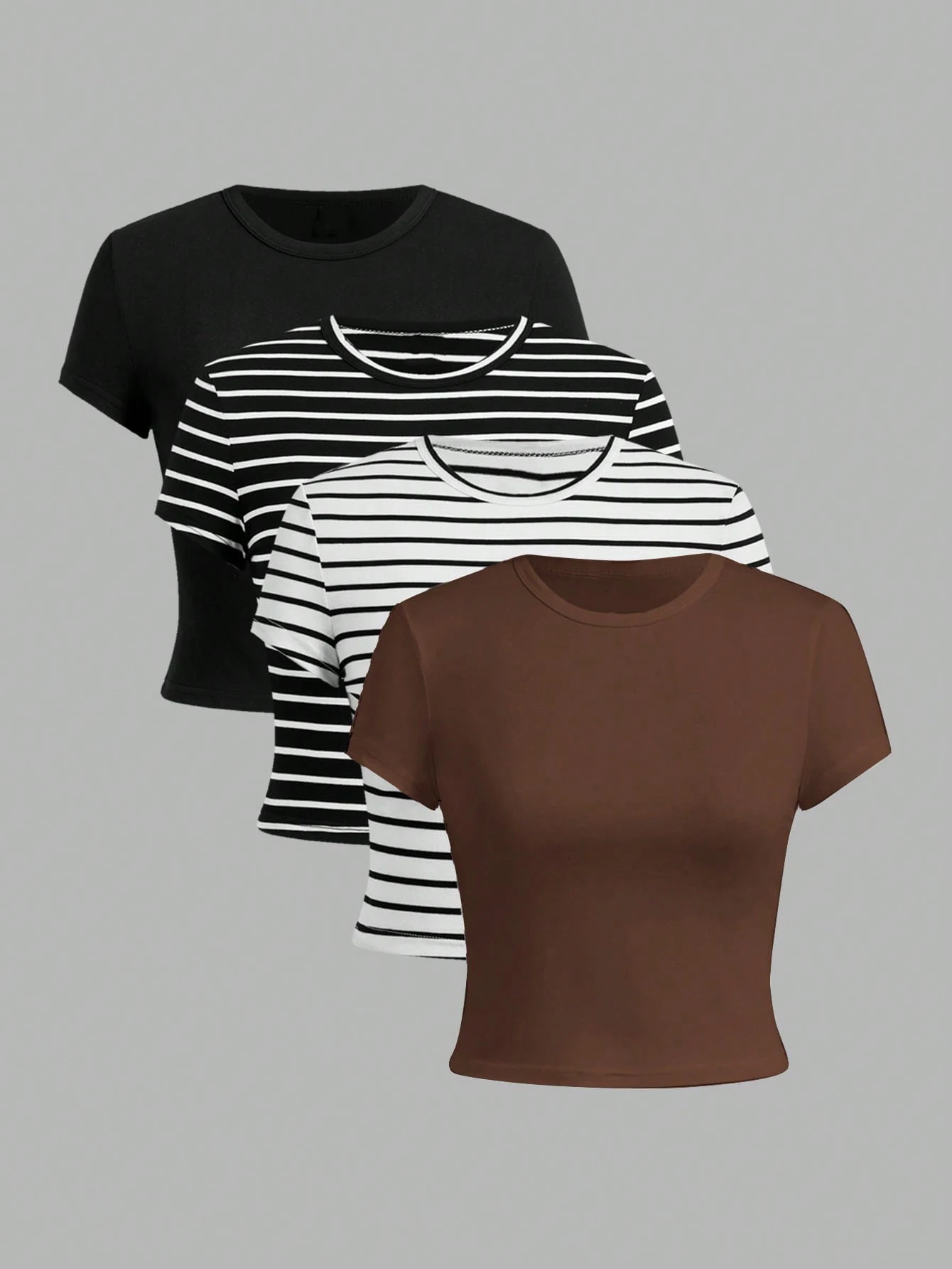 Women's Striped & Solid Color T-Shirt 4-Piece Set, Short Sleeve Cotton Blend Casual Outfits for Daily Wear