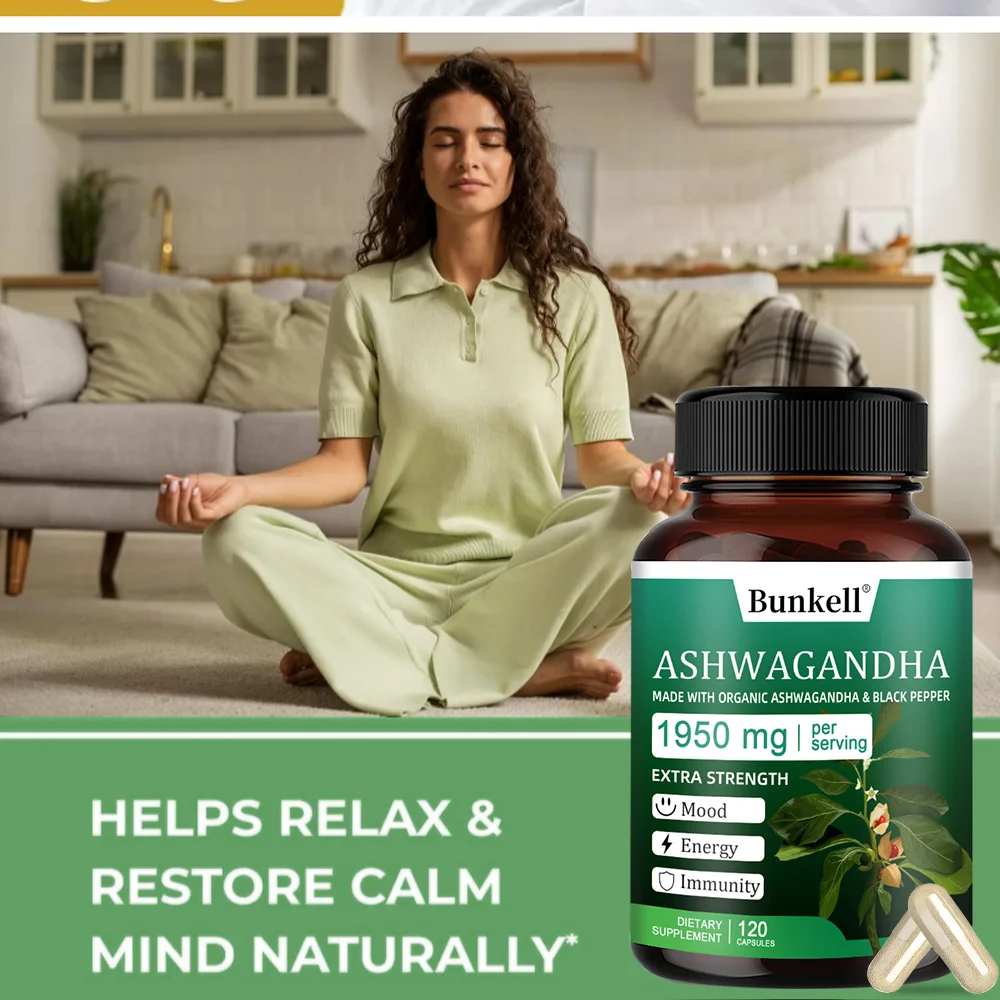 Organic Ashwagandha Capsules 1950mg - with Black Pepper, Helps Relaxation, Mood, Energy, Immunity, Antioxidant, Gluten Free