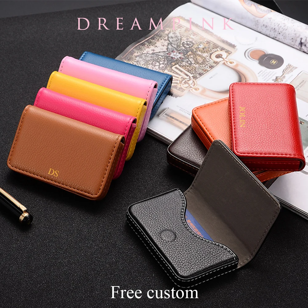 Personalize Initials Business Card Holder Fashion Custom Letters Solid PU Leather Card Case Luxury Magnetic Button Cardholder