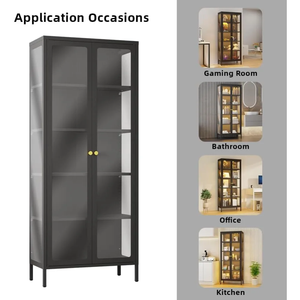 خزانة عرض بأبواب زجاجية، خزانة تحف 5 طبقات مع أرفف قابلة للتعديل، 21 حافظة عرض أضواء ملونة يمكنك صنعها بنفسك للتجميع
