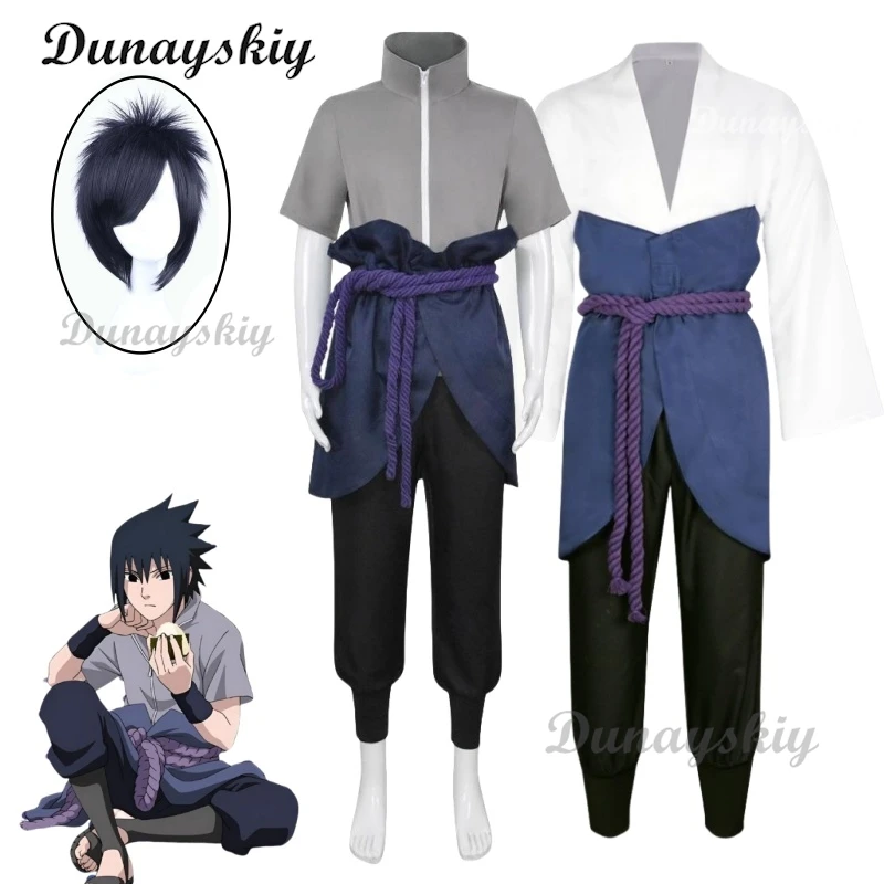 

Uchiha Sasuke Cosplay Costume Wig Anime Grey White Suit Halloween Comic Clothes Outfit for Adult Customized