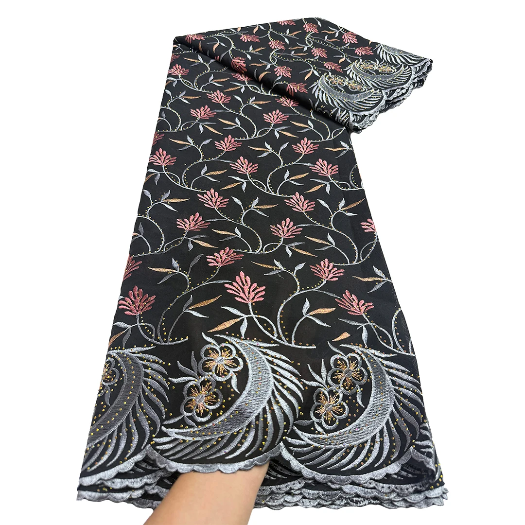 

2025 High Quality African Pure Cotton Fabric With Stones Embroidery Swiss Voile Lace Fabric for Nigerian Women Dress Party
