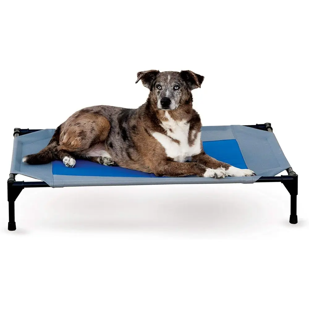 Elevated Outdoor Cooling Dog Cot for Large Dogs with Cool-Core Center and Portable Metal Platform - Gray/Blue