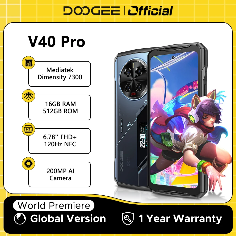Wersja globalna DOOGEE V40 Pro 5G Wytrzymały telefon 6,78-calowy wyświetlacz 16 GB + 512 GB Wymiar 7300 Kamera AI 200 MP Szybka ładowarka 8680 mAh 33 W