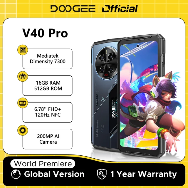 Wersja globalna DOOGEE V40 Pro 5G Wytrzymały telefon 6,78-calowy wyświetlacz 16 GB + 512 GB Wymiar 7300 Kamera AI 200 MP Szybka ładowarka 8680 mAh 33 W